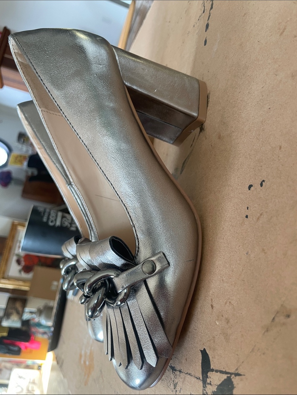 Prima Donna Metallic Silver Kiltie Loafer Heels with Chain
